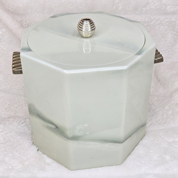 Vintage Faux Jade Acrylic Hexagon Ice Bucket W/lid Barware Cocktail - Picture 2 of 11